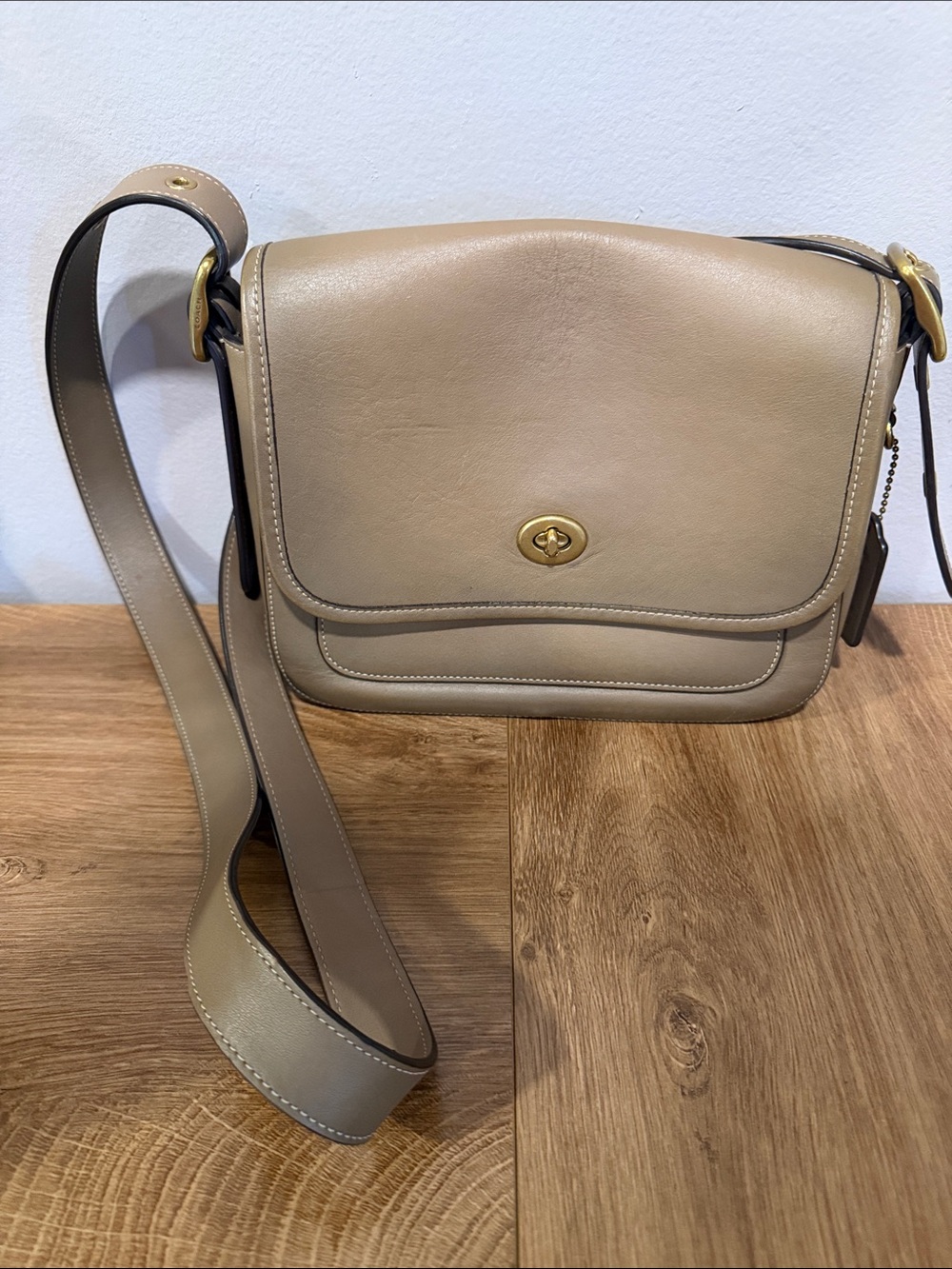 Coach Taupe Leather Crossbody with Gold Turn-Lock